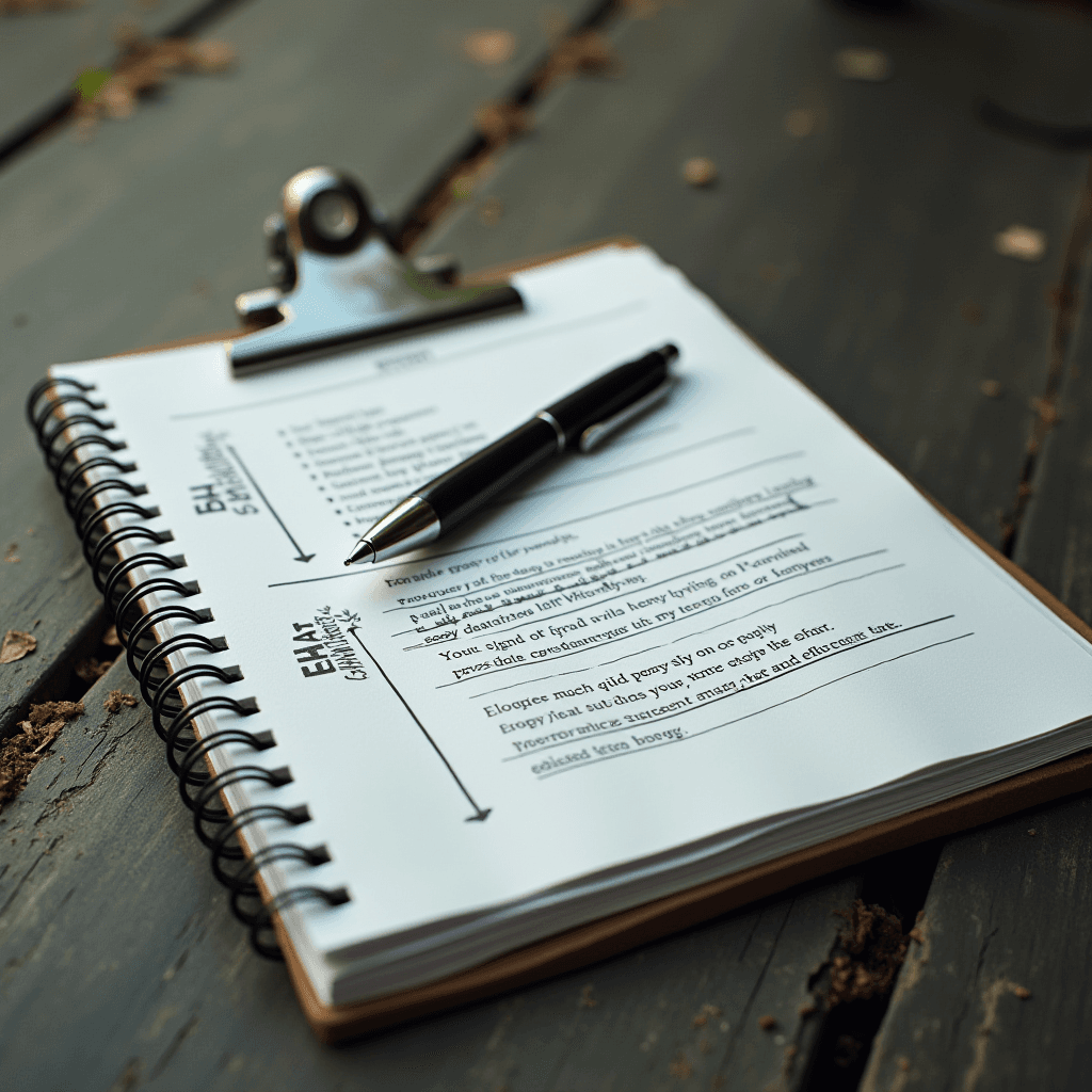 A pen rests on a notebook filled with notes on a wooden table.