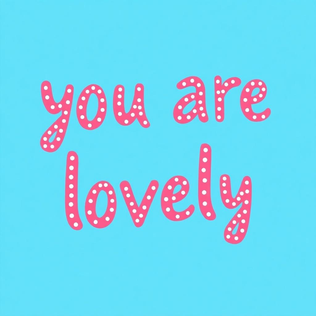 This image features the uplifting phrase 'you are lovely' written in playful pink letters adorned with white dots. It is set against a bright blue background, creating a cheerful and inviting atmosphere. The design suggests positivity and encouragement, making it suitable for various applications. This kind of artwork can be used in marketing materials, greeting cards, or as decor. Its simplicity and vibrant colors make it eye-catching and memorable.