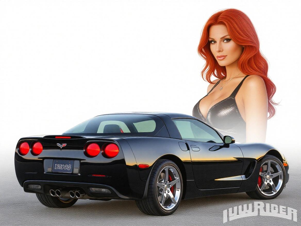 Sexy red-headed woman poses near a black 2002 Z06 Corvette. Background features the car with a focus on the woman. Bright and appealing aesthetic.