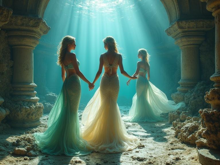 Mermaids dancing gracefully in shimmering tails. They waltz in ethereal light within a ballroom crafted from ancient coral and shipwreck ruins.