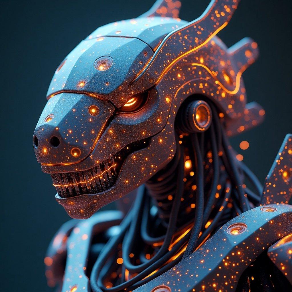 A robotic dragon head with glowing features and intricate design. The figure has a sci-fi aesthetic with a starry pattern and illuminated elements.