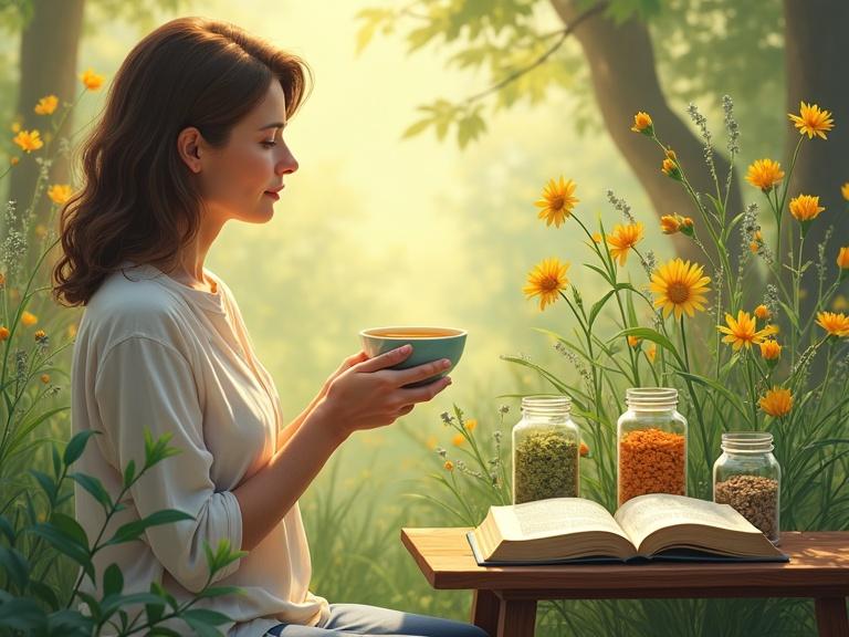 A serene and natural scene shows a woman in her 50s holding a cup of herbal tea. Surrounding her are plants known for menopausal support like black cohosh red clover sage and evening primrose. A small wooden table is nearby displaying glass jars with dried herbs and an open book about menopause relief. The atmosphere feels calm and healing with soft sunlight filtering through the trees. The style reflects peaceful botanical illustration with a touch of realism.