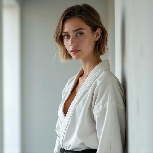 Young woman standing in a bright modern dojo with casual confidence. Her short hairstyle and pale skin complement her worn out karate gi, slightly opened to reveal stunning abs. She leans against the wall, showcasing a slight smile. The focus is on her full body in a photo-realistic style with high detail and natural light.