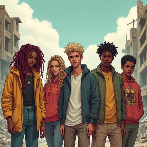 Drawing of a group of friends composed of six people. One woman with pink hair and green eyes, she is the only black woman. Her friend has blonde dreadlocks and brown eyes. Two handsome young white male twins, one serious, the other more relaxed. Two younger men, one with Asian features. They are in a destroyed, post-apocalyptic city.