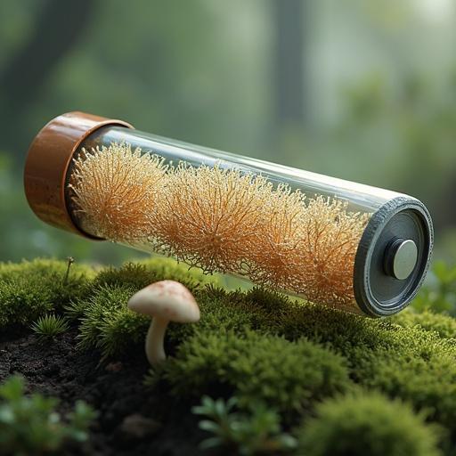 Photorealistic depiction of a lithium-ion tube battery made from mushrooms. Thin mycelium threads interwoven with electrodes. Cutaway view showing the internal structure. Horizontal orientation highlighting battery connections.