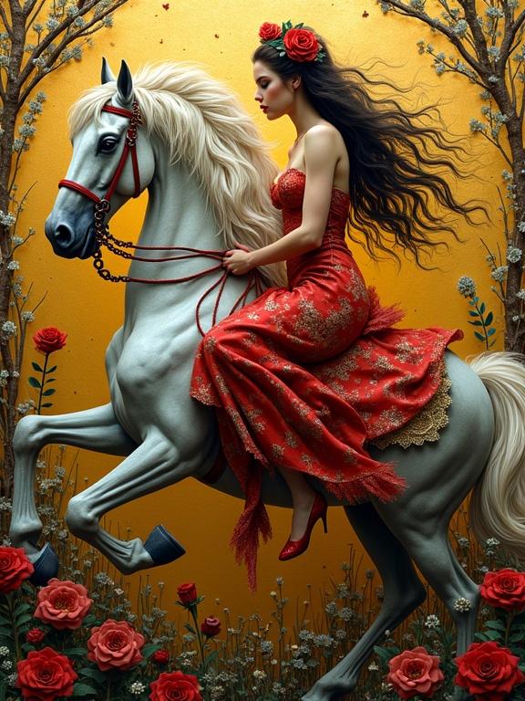 3d multi-layered artwork featuring a woman in a red dress riding a white horse. Background includes roses and intricate details. Style reminiscent of Klimt, whimsical and ornate.