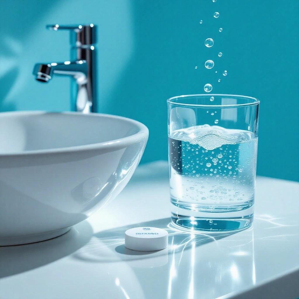 Bright minimalist bathroom countertop with clear glass of water beside clean white sink. DENTTACH CLEAN tablet falls next to submerged denture, emitting fizz. Blue peppermint bubbles rise.