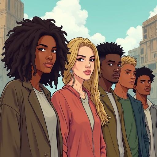 Drawing of a diverse group of six friends. One black woman with pink hair and green eyes stands out. Next to her is a white woman with blonde dreadlocks and brown eyes. Two identical twin brothers are visible. Two other white men, one of whom is Japanese, complete the group. They are in a ruined post-apocalyptic city setting.