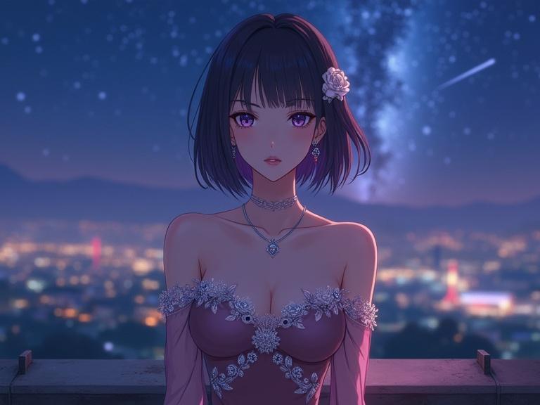 A beautiful anime lady stands facing the viewer. Calm and intelligent expression. Straight dark violet hair in a bob cut with a white rose hairpin. Elegant off-shoulder evening gown in dark brown-lavender tones. Intricate floral embroidery. Scenic nighttime overlook with starry sky and city lights in the background. Cinematic framing in ultra-detailed anime style.