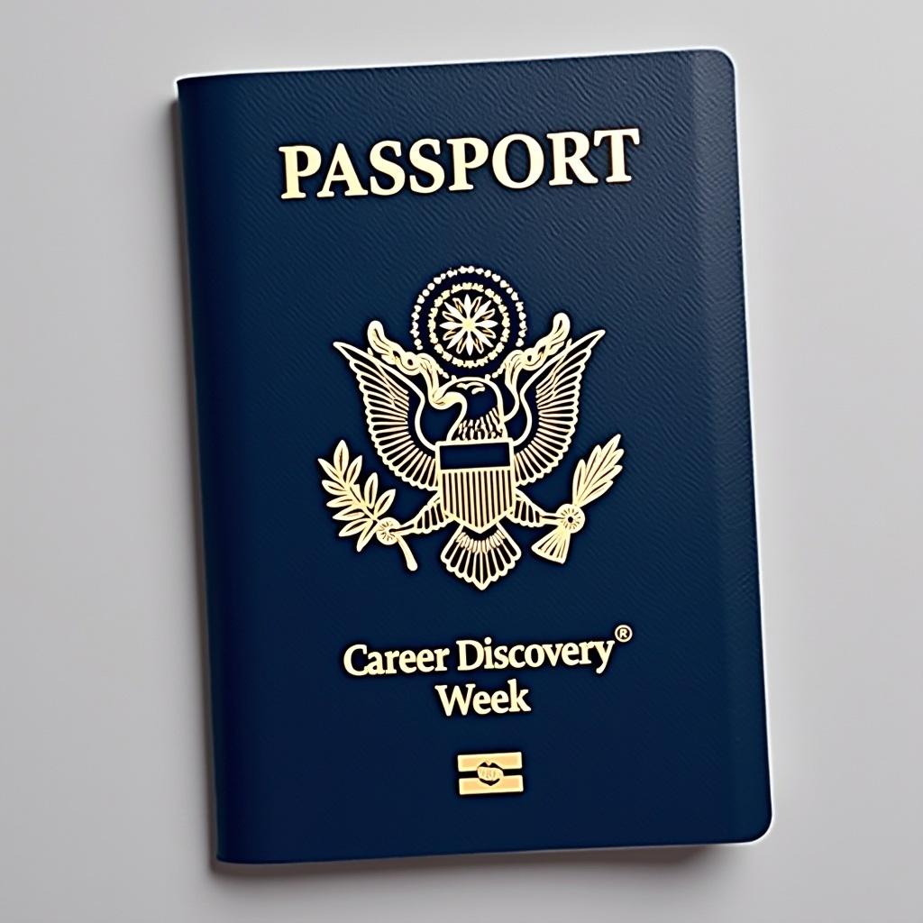 Image of the front cover of a USA passport. Features the USA country emblem. Background is neutral. Passport cover is deep blue with golden lettering. Words 'Career Discovery Week' are embossed. Inner details are slightly visible.