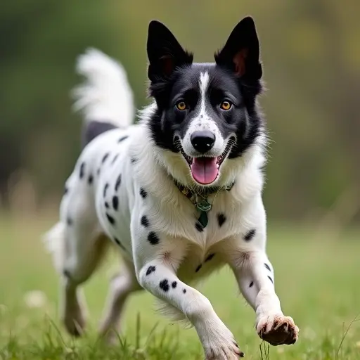 Dog running in a field with a happy expression. White fur with black spots. Bright green background. Dog in motion.