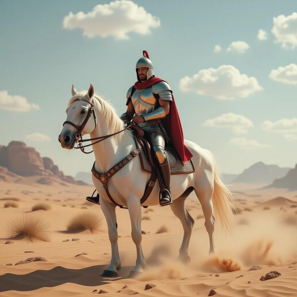 Knight rides a white horse in an apocalyptic landscape with sandstorms. Knight wears shining armor and holds a glowing sword. The artwork is realistic. Created using oil painting techniques. The image has high technical quality with 8K and HDR effects.