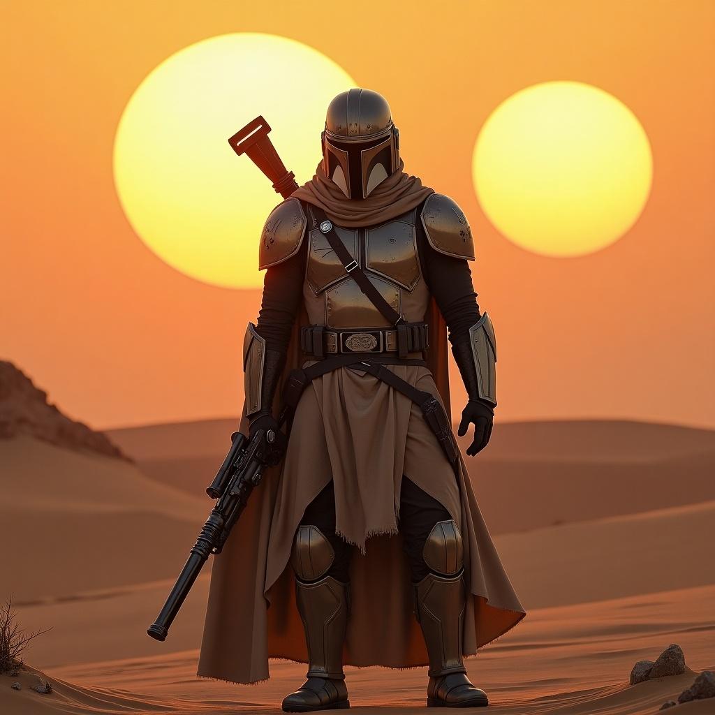 Mandalorian character stands in a desert at sunset with two suns on horizon. Character dressed in armor and cape. Image captures dramatic atmosphere. 