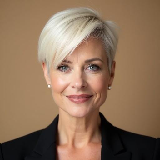 Professional portrait photograph of a woman with modern appearance and striking short asymmetrical platinum blonde pixie cut. She has well-defined facial features with light-colored eyes and successful makeup. Dressed in a black blazer and top, with subtle stud earrings. Soft lighting with a warm beige background. The woman displays a confident expression and slight smile, looking directly at the camera.