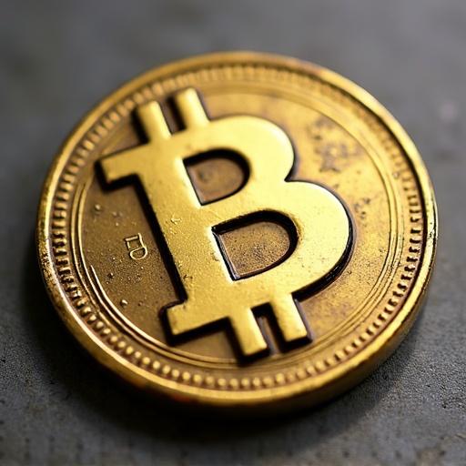 Close-up image of a gold Bitcoin coin on a gray textured surface
