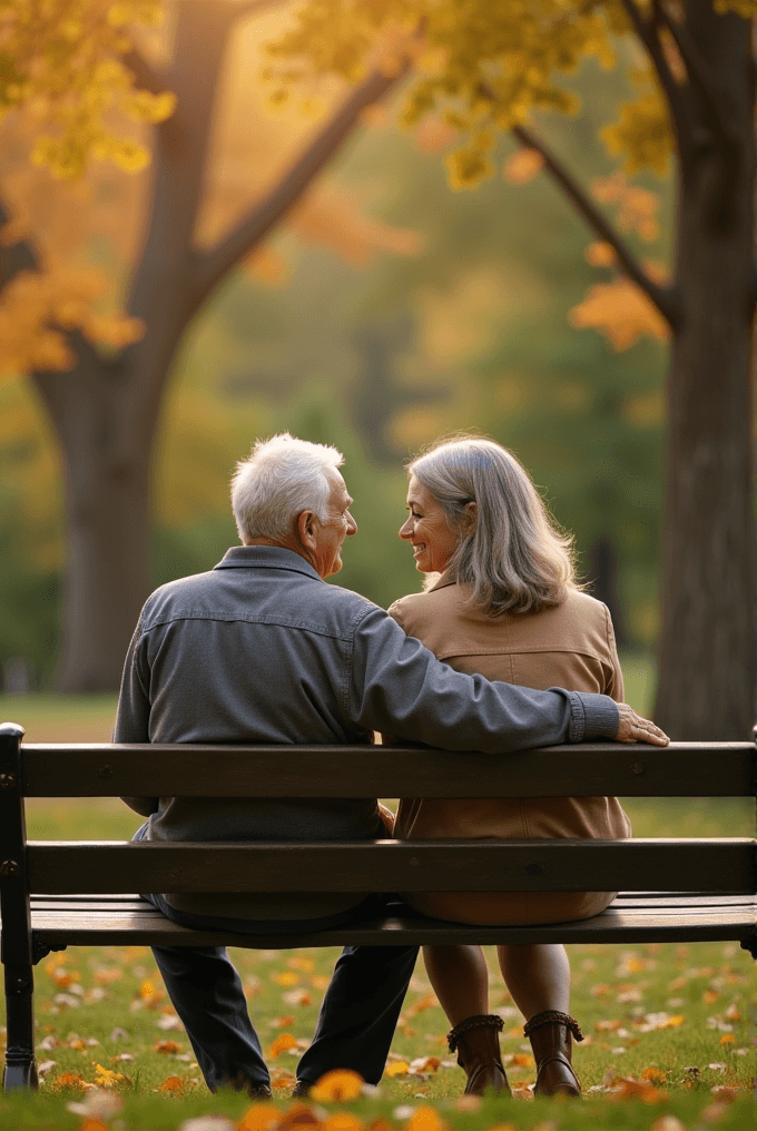 An elderly couple sits lovingly on a park bench amid colorful autumn leaves.