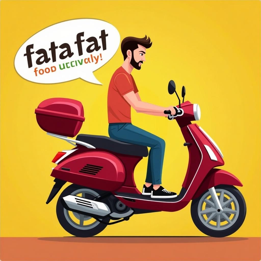 Person riding a scooter for food delivery. Bright yellow background. Promotion for FataFat food delivery service. Scooter has a delivery box.