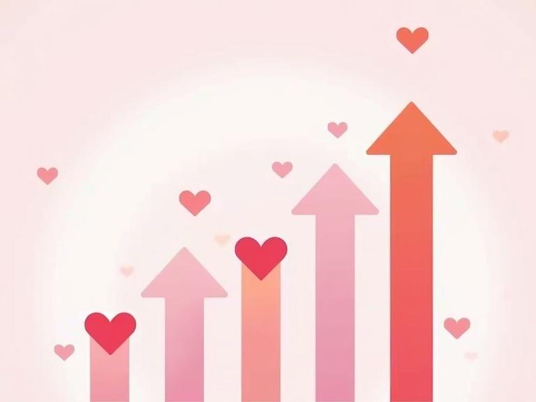 Graphics showing follower growth with upward arrows and hearts on Instagram. Soft pink background with varying shades of pink arrows and hearts. Arrows symbolize growth while hearts symbolize engagement.