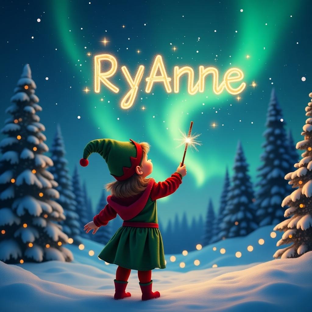 In this enchanting winter scene, a child, dressed as a cheerful elf, stands with their back to the viewer. The child gazes up admiring the night sky while holding a sparkling wand. With it, they create the name 'RyAnne' in the air, surrounded by twinkling sparkles. Snow-covered trees and decorative lights fill the landscape, enhancing the festive vibe. The sky is illuminated by stunning northern lights, adding to the magical atmosphere of the composition. It's a scene that captures the spirit of joy and wonder during the holiday season.