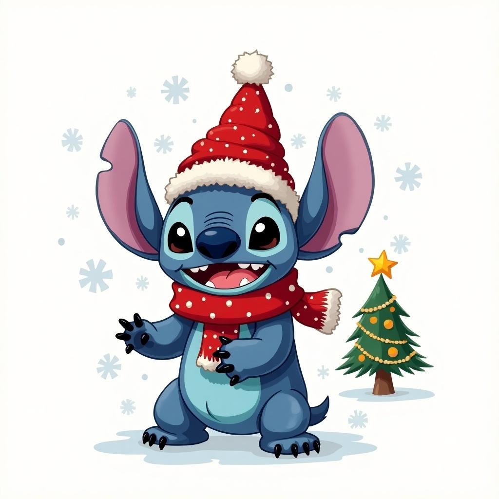 Drawing of Stitch character wearing a red festive Christmas hat and scarf. Character appears cheerful. Includes a Christmas tree with a golden star. Snowflakes scattered around.