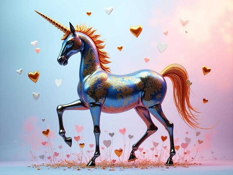 A sleek polished metallic unicorn stands proudly. Body crafted with blue, white, orange, gold, and silver tones. Gold elements have a warm finish, silver adds a sheen. Tiny hearts in silver, orange, pink, and gold surround the unicorn. Background blends pastel colors of blue, pink, and lilac.