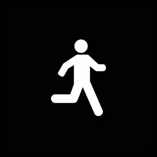 Minimalist white human exit figure symbol simplified stick figure running or walking clean icon style design sharp contrast black background centered composition high contrast signage style vector art look