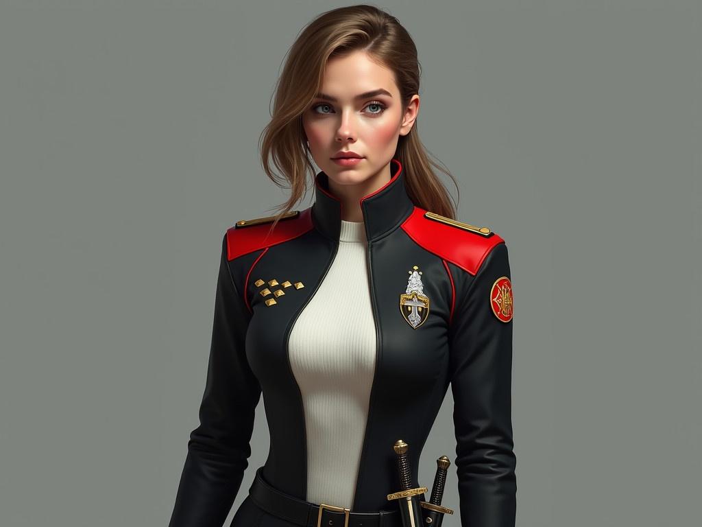 The image presents a hyper-realistic depiction of a 35-year-old woman with tall and athletic proportions. She has sandy brown hair, darker eyebrows, and blue-green eyes, with slightly thin lips. Her military uniform is a tough synthetic fabric, predominantly black with a striking red stripe that separates the padded tops of her shoulders from the main body of her jacket. The red accents also appear on the sides and cuffs of the uniform. Underneath the jacket, she wears a white knit shirt with a flat collar and black pants. Each shoulder of the jacket features a round patch; the left depicts a white sword over a gold shield on a red background, while the right showcases the three-headed gray wolf, Cerberus, on a black background. Four small gold diamonds on her left breast denote her rank as Captain, and a comm-badge in the shape of a gold shield with a white sword is on her right breast. Her belt includes a second band lower on her hip, holding a gold-hilted dagger in a black scabbard, emphasizing the functional nature of her uniform.