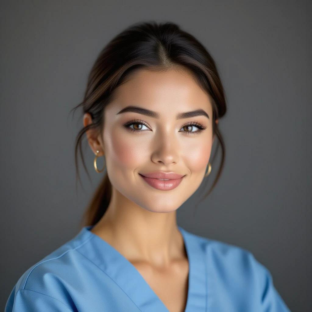 Close-up portrait of a young woman in blue medical scrubs. Background is muted gray. Hair is dark and pulled back. Expression is calm and confident. Soft, diffused lighting creates gentle shadows. Focus on facial features. Gold hoop earrings add elegance. The composition is centered on the face, conveying a serene mood.