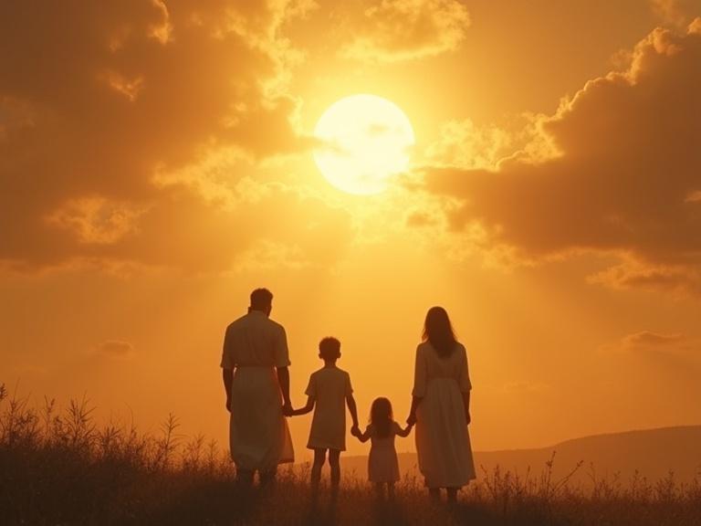 Family looking at the sky with understanding. Glowing light above. Realistic style with golden tones. 9:16 aspect ratio.