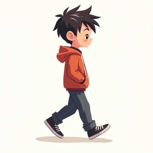 Sprite sheet of anime boy in a walking pose. The character wears an orange hoodie, black pants, and sneakers. The character style is cute and cartoonish. The background is plain.