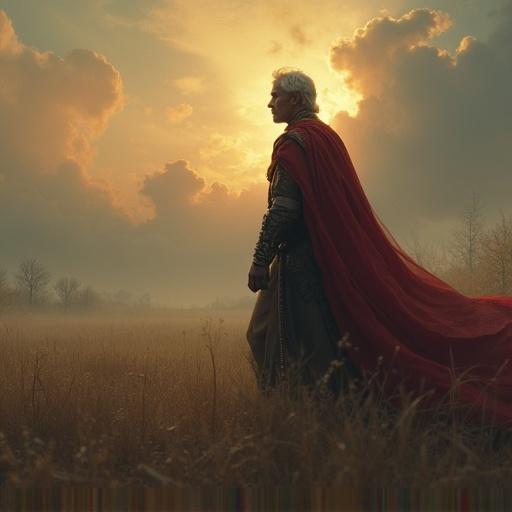 A king standing in a field during sunset. The king is dressed in royal garments and has a serious expression. The background features a dramatic sky and soft light. A sense of adventure and courage is evoked.
