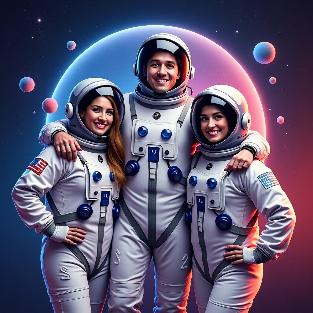 Three astronauts in space suits with the Algorand logo posed together against a cosmic background. The scene is vibrant with colors and features a stylized depiction of space.