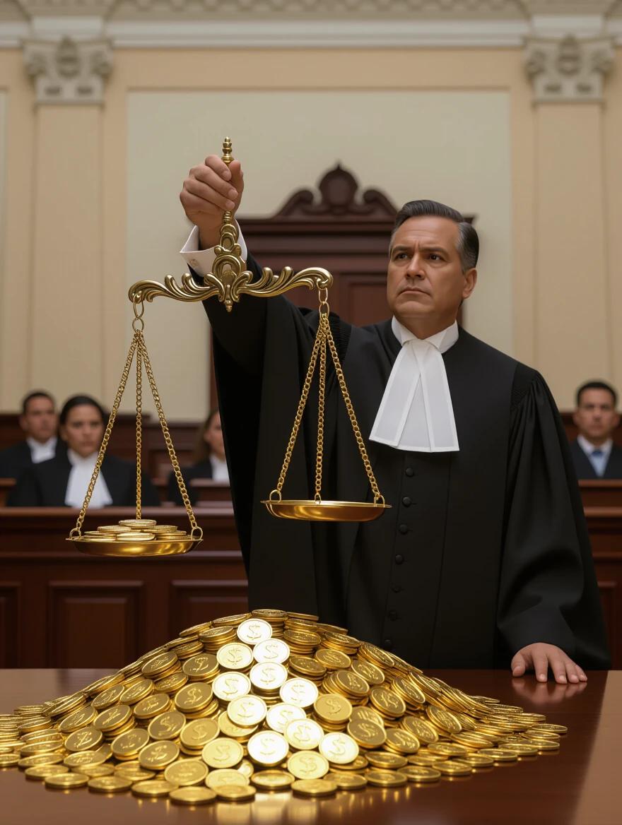 Cinematic scene of a judge in a courtroom. Judge wearing a black toga. Unbalanced scale held by the judge. One side filled with gold coins. Other side raised high. 9:16 aspect ratio.