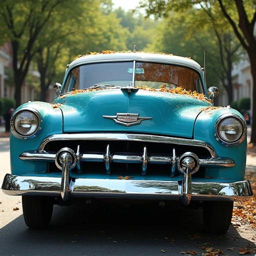 A classic car parked on a charming street. Chrome shines brilliantly. Leaves sit on the top. The car's paint captures reflections of the sky.