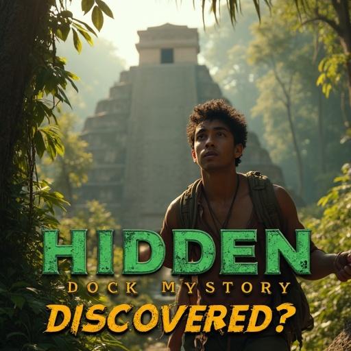 YouTube thumbnail for a video. Young man with warm brown skin and short wavy black hair. Wearing an explorer outfit with a cargo shirt and backpack. Shows shock and excitement while revealing an ancient pyramid in a dense jungle. Sunlight beams through trees, creating a mystical ambiance. Text overlay says 'HIDDEN Mystery DISCOVERED?' in bold golden and green stone-carved effect.