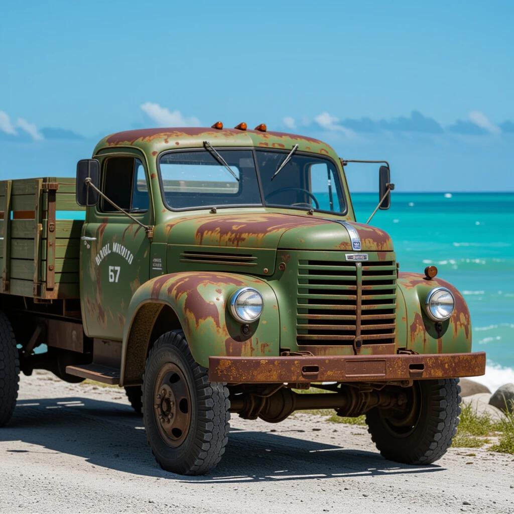 High-resolution archival image of a rusted ZIL 157 military truck positioned at a turquoise ocean coast. Truck designed as the primary subject covering a significant portion of the frame. Image captures water droplets on its hood with visible metal flake under sunlight. Background features crashing ocean waves and mist effect created through long exposure, emphasizing the contrast between the truck and the vibrant sea. Unique details such as vintage tire tread and Bakelite steering wheel grain are documented with sharpness.