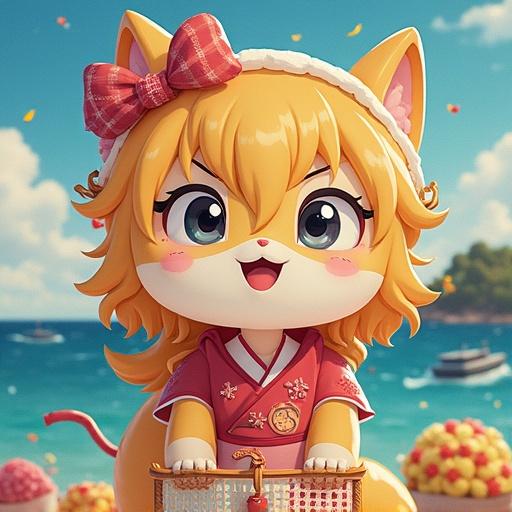 A cute beach-themed character with a lively expression, wearing a pink outfit and accessories, set against a cheerful seaside background.