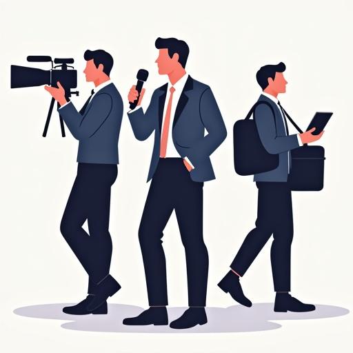 Three media figures are illustrated. The broadcaster stands in the middle holding a microphone. On the right, a photographer with a camera. On the left, a journalist with a laptop and bag. All in professional attire.