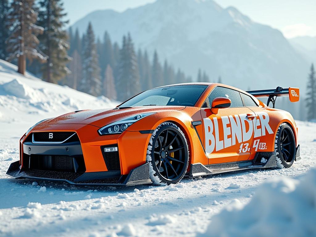 A cyberpunk themed car in vibrant orange color is showcased on a snowy road. The image has a sharp focus, capturing the details of the car and its surroundings. Natural lighting enhances the icy landscape and reflects off the car's surface, creating a contrast with the white snow. Prominently, the words "BLENDER 4.3" are painted across the car's body in large, white brush strokes, showcasing a visible texture that adds a unique artistic touch. The overall scene conveys a cinematic feel, ideal for showcasing the blend of high-tech design and winter aesthetics.