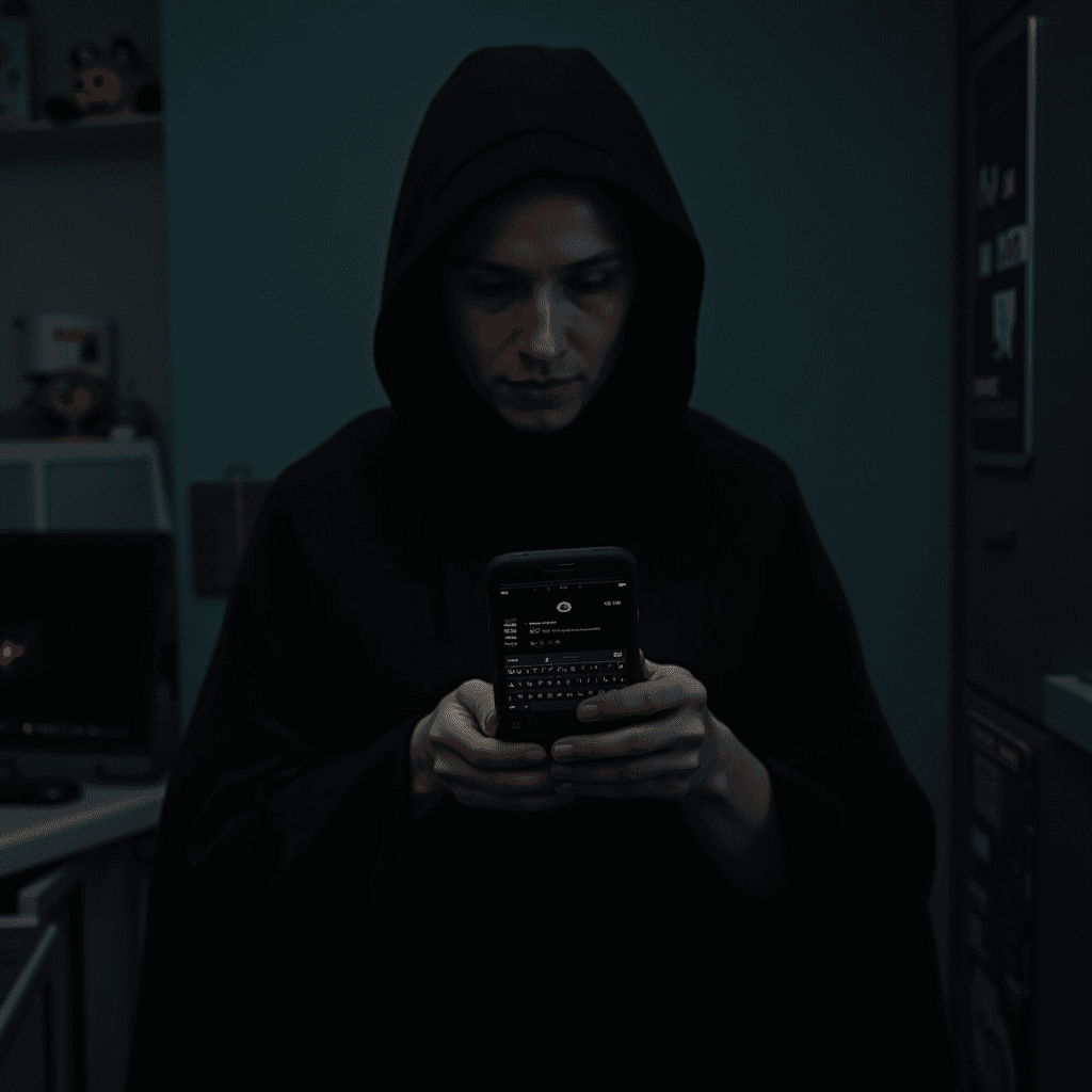 A person in a hooded cloak is intently using a smartphone in a dimly lit room.