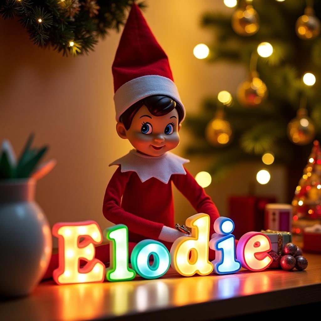 A cheerful elf on the shelf is placed in a vibrant Christmas setting. It is wearing a charming red and white outfit. The elf is happily writing out the name 'Elodie' using colorful illuminated letters. Surrounding the elf are cheerful festive decorations, including a beautifully decorated Christmas tree and twinkling lights that create a warm ambiance. The background radiates holiday cheer, capturing the enchanting essence of Christmas. This delightful scene is perfect for promoting family joy and personalized holiday gifts.