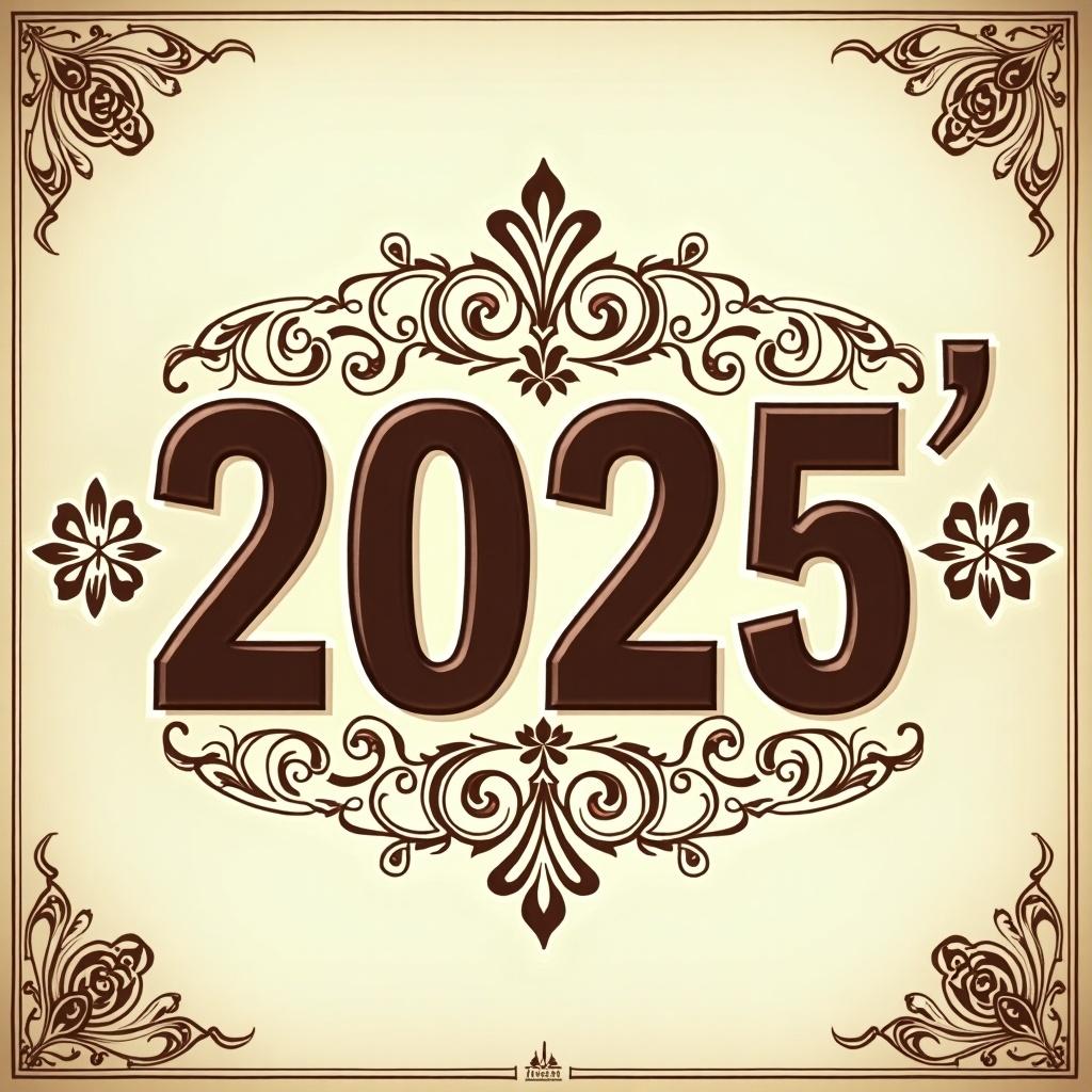 This is a decorative artwork featuring the year '2025' prominently displayed in a vintage style. The background is a soft cream color, creating a warm ambiance. Intricate brown floral designs surround the central text, adding an elegant touch. The design is suitable for a YouTube video cover, particularly for content related to astrology or horoscopes. You may want to include Arabic text stating 'توقعات برج الجوزاء لعام 2025' to enhance the relevance for Arabic-speaking audiences.