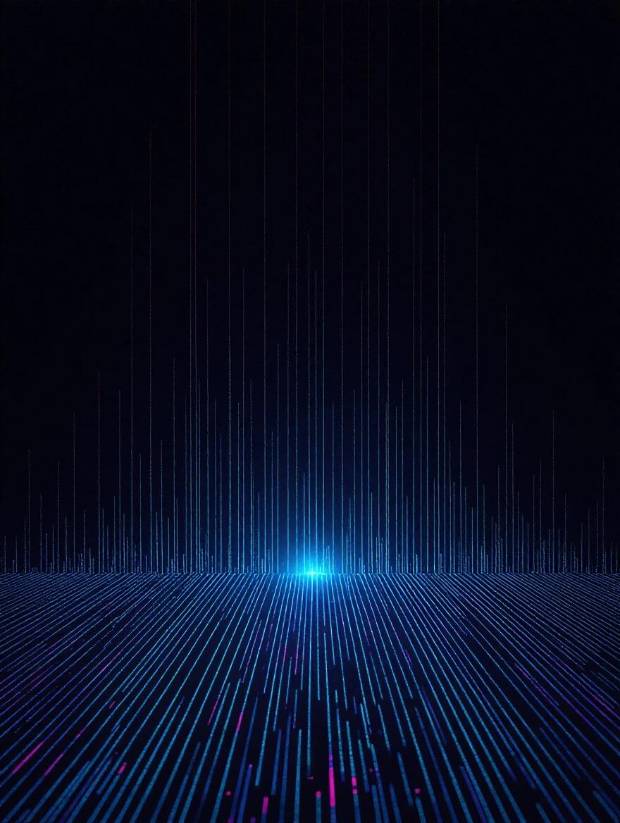 Vertical lines created from digital glitches and TV static on a dark background. Bright blue light at the center with varying lengths of lines.
