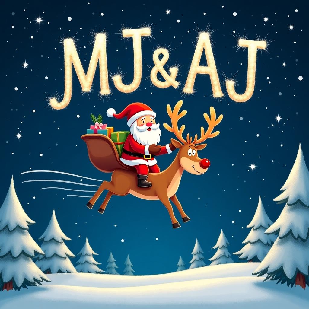 Santa Claus flies in the night sky with a reindeer. Name 'MJ&AJ' in sparkling letters above. Scene includes snow-covered trees.