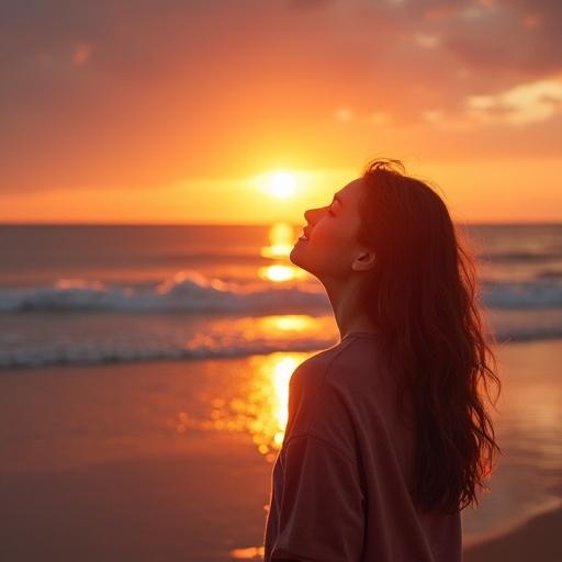Teen girl watching a sunset on the beach. Soft waves in the background. Warm colors fill the sky. Girl has long hair and is looking upward.