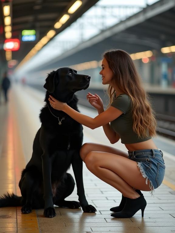 Beautiful woman kneeling while petting a black dog at a train station wearing cheeky shorts.