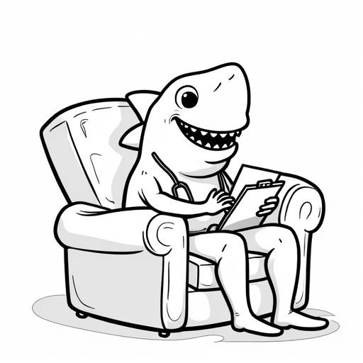 Playful shark therapist sits in a cozy armchair. The shark holds a clipboard. The style is line-art with thick outlines and no shading. The image is centered with a simple background. It is 8.5x11 portrait format with high contrast.