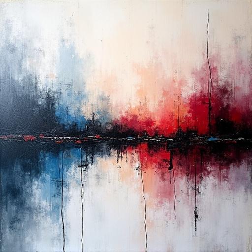 Abstract acrylic painting exhibits a blend of white blue red and black shades. Features horizontal line art with modern vintage design.