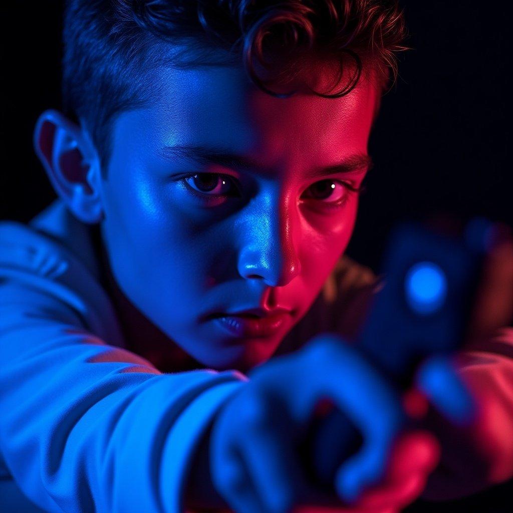 A young person with glossy skin illuminated by blue and pink lights in a surreal portrait while holding a gun.