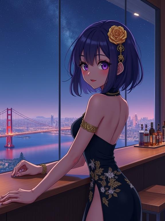 Anime character leaning on bar in high-rise lounge. She has dark violet hair with blue sheen and a golden rose. Expressive violet eyes. Wearing a sleeveless black dress with floral patterns. Bar has liquor bottles. Large window shows night view of city with a bridge and stars.